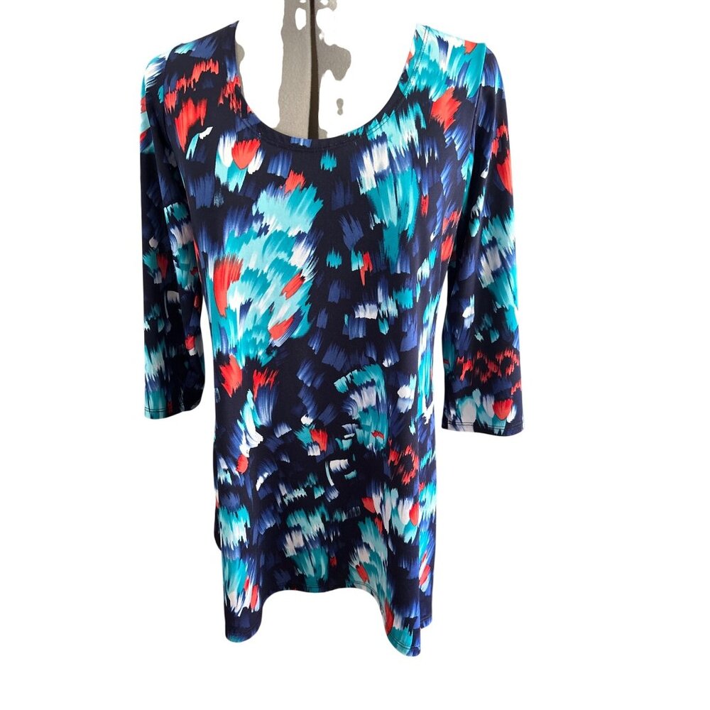 Vamp Womens Scoop Neck Navy Green Abstract Print Tunic Top 3/4 Sleeves Size M